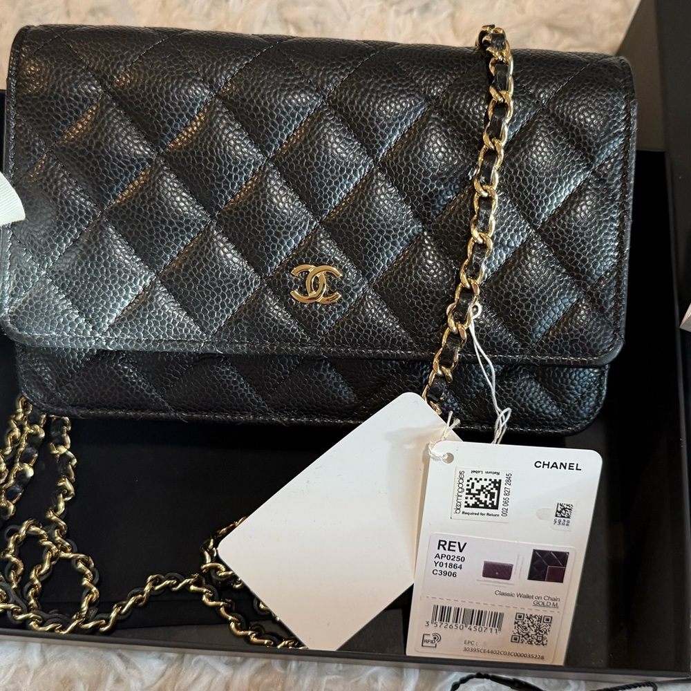 Chanel Black Quilted caviar Leather Wallet on Chain NIB authentic — SOLD